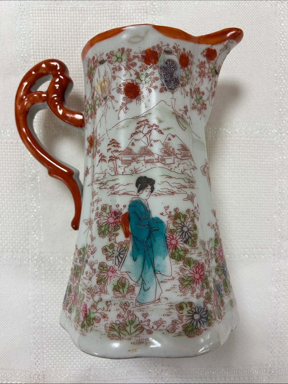 Porcelain Decorative Pitcher - Orange and Teal Home Art image 7